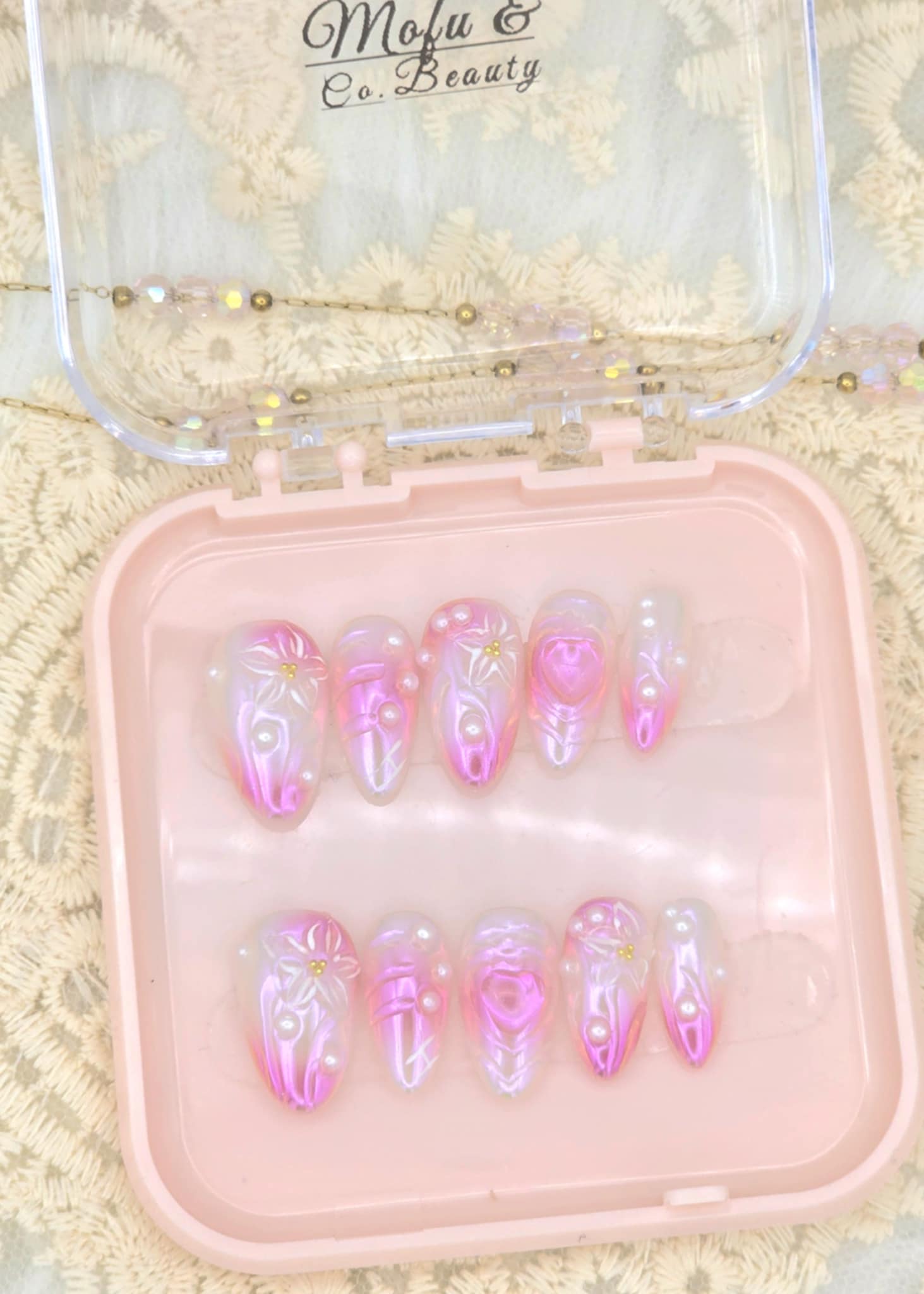 Aurora Heart Chrome Press-On Nails – Iridescent 3D Gel Set with Pearls
