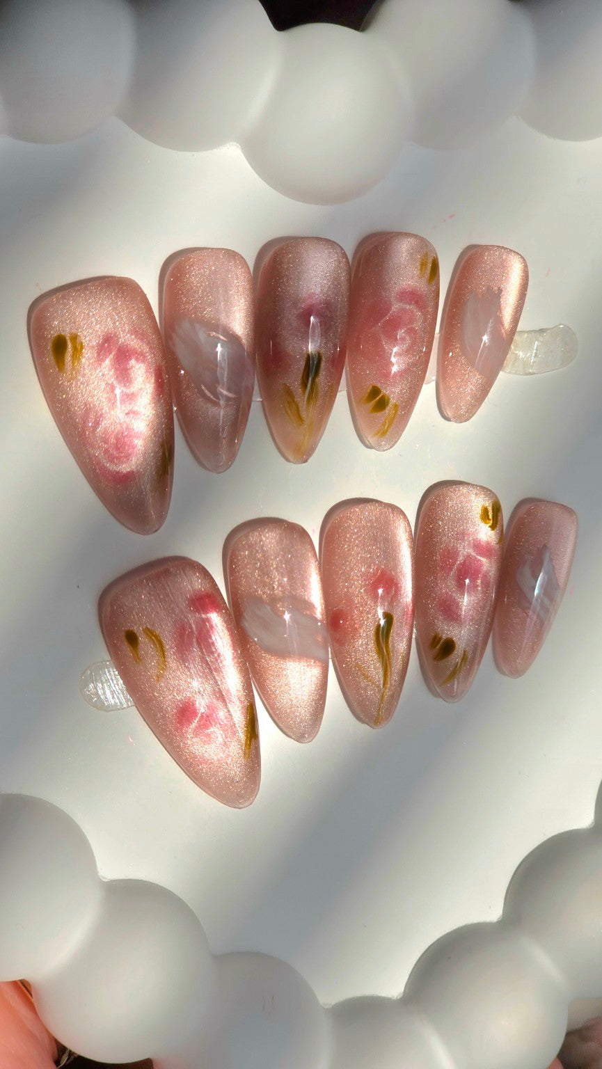 Blushing Rose Petal Gel Press-On Nails | Soft Floral Neutral Design