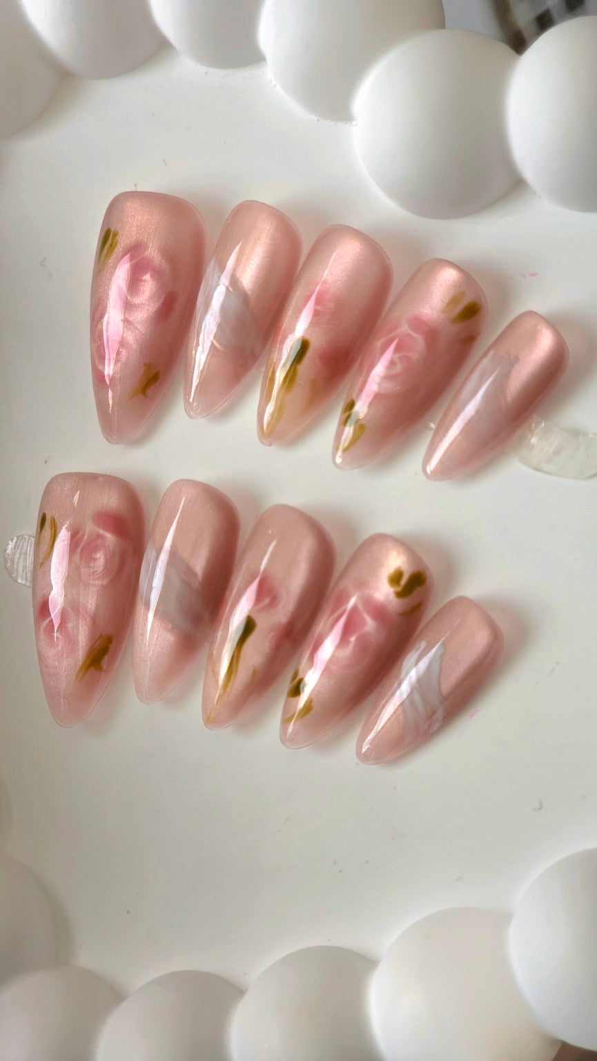 Blushing Rose Petal Gel Press-On Nails | Soft Floral Neutral Design