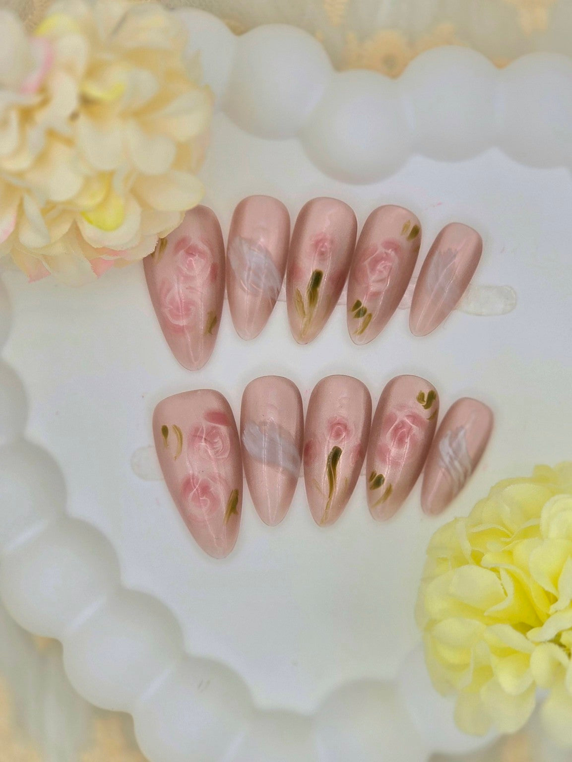 Blushing Rose Petal Gel Press-On Nails | Soft Floral Neutral Design