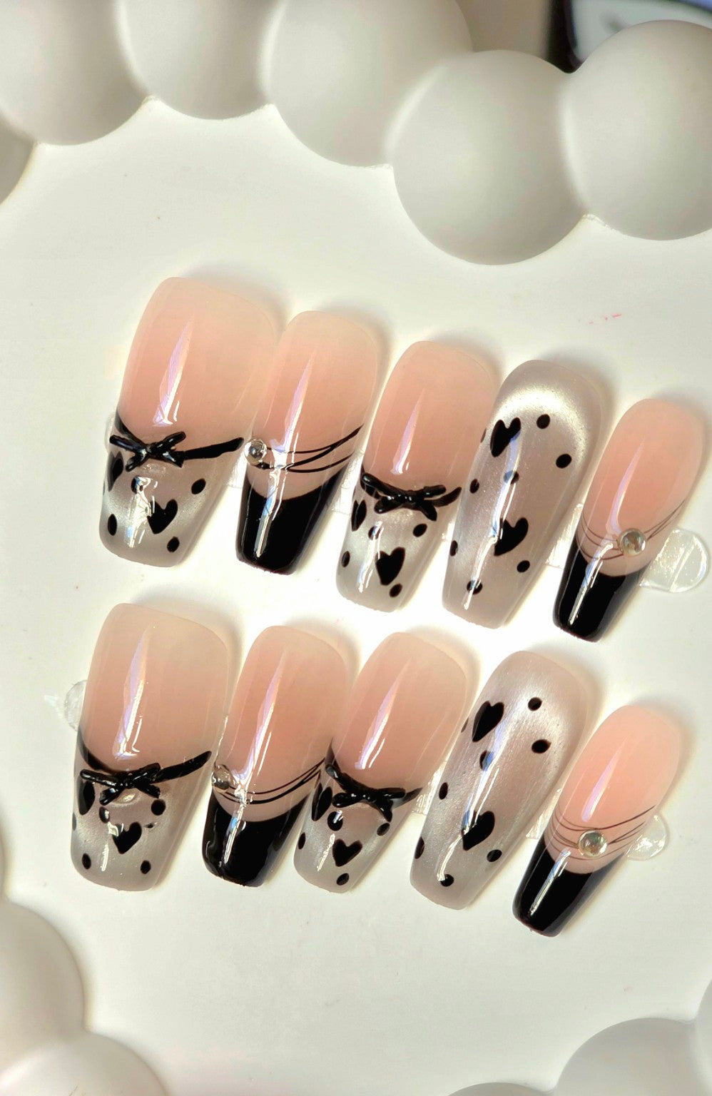 Black Heart French Tip Gel Press-On Nails | Handmade Reusable Nail Set