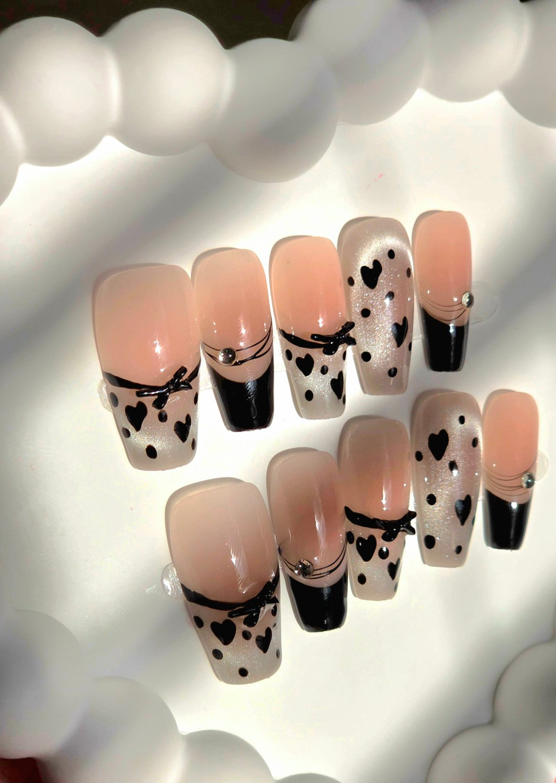 Black Heart French Tip Gel Press-On Nails | Handmade Reusable Nail Set
