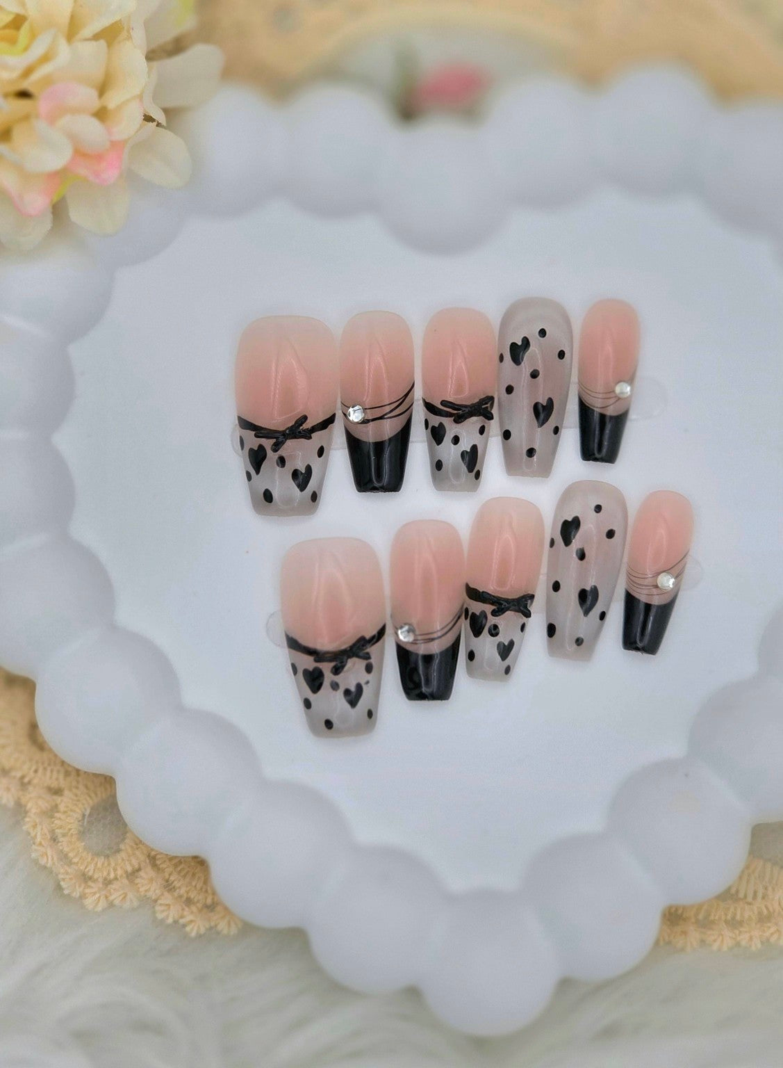 Black Heart French Tip Gel Press-On Nails | Handmade Reusable Nail Set