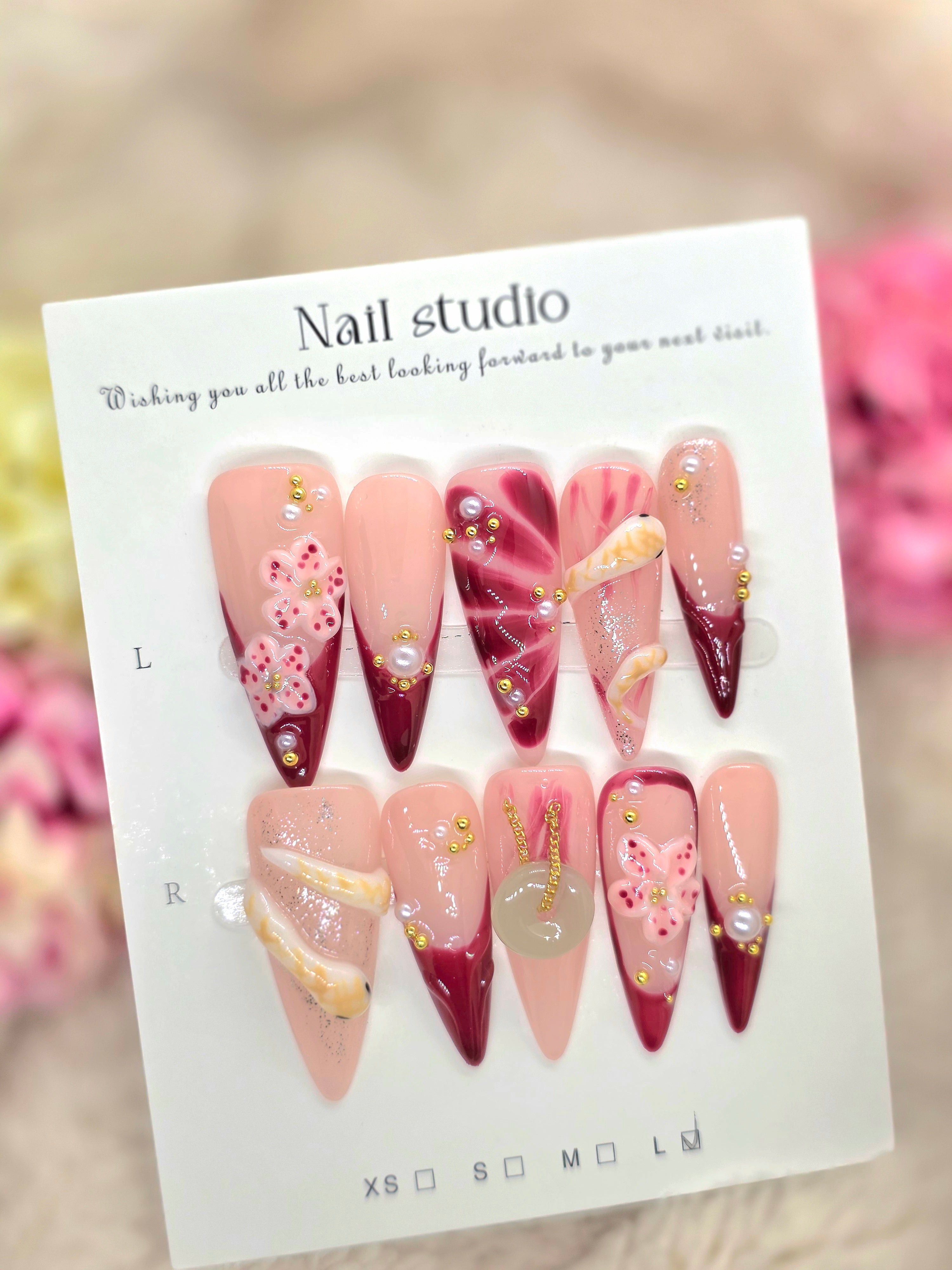 Cherry Blossom Jade Nails – Deep Wine & Blush Pink Gel Press-Ons with 3D Floral Art + Jade Gem Accent