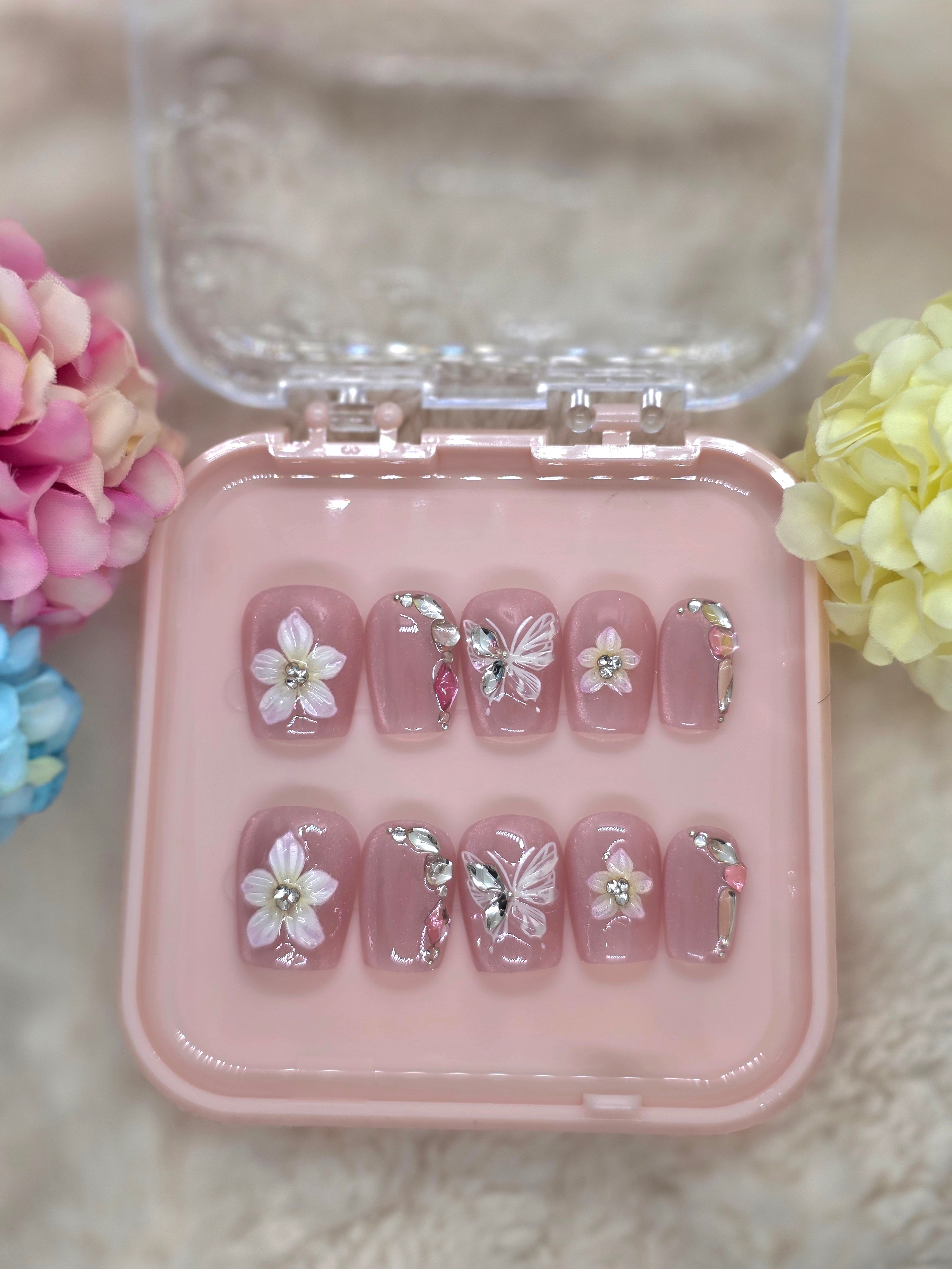 3D Floral & Butterfly Pink Gel Press-On Nails – Handmade Luxury Set