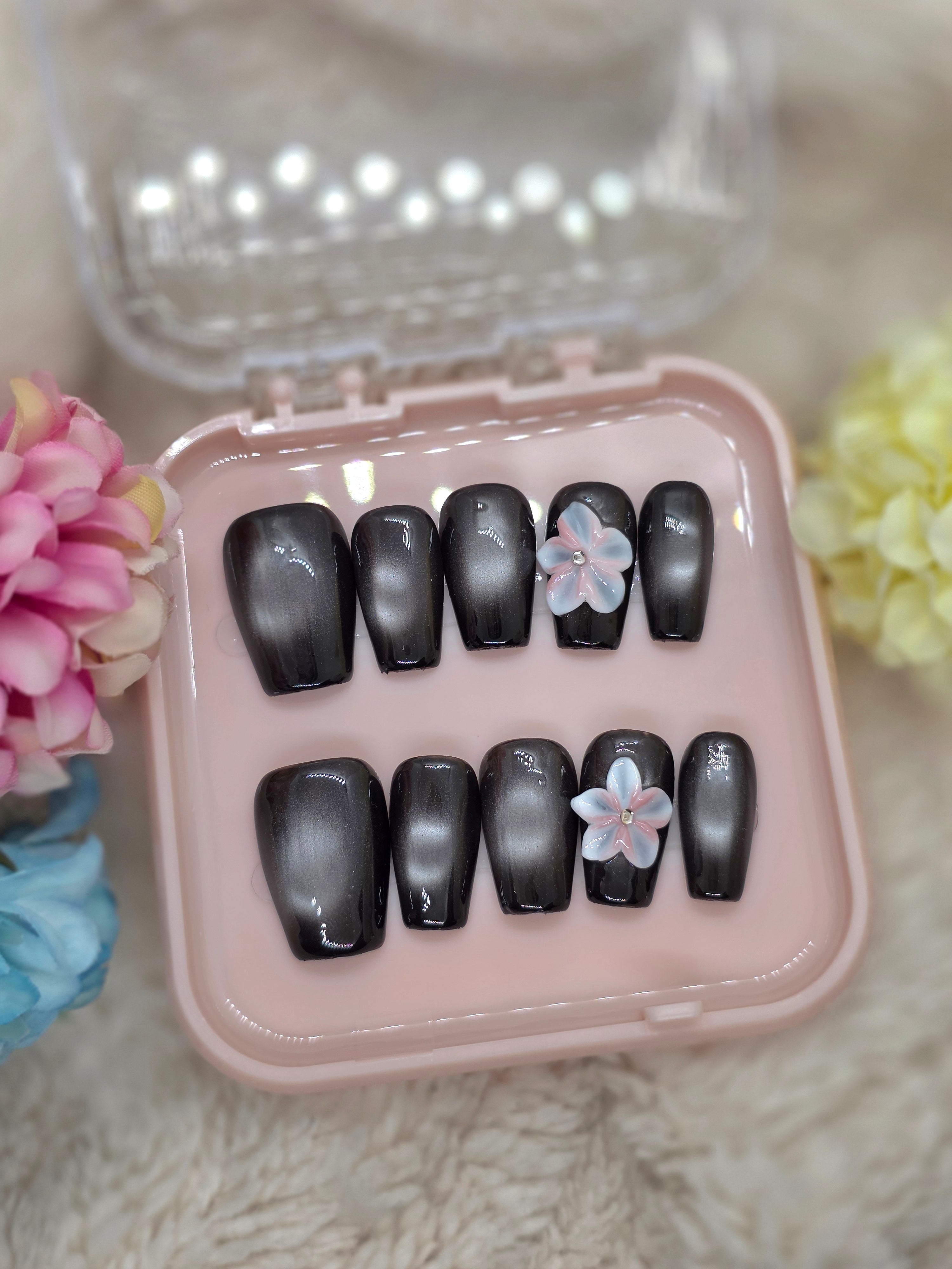 Black Cat-Eye Press On Nails – 3D Pink Flower Accent, Square Shape, Everyday Glam