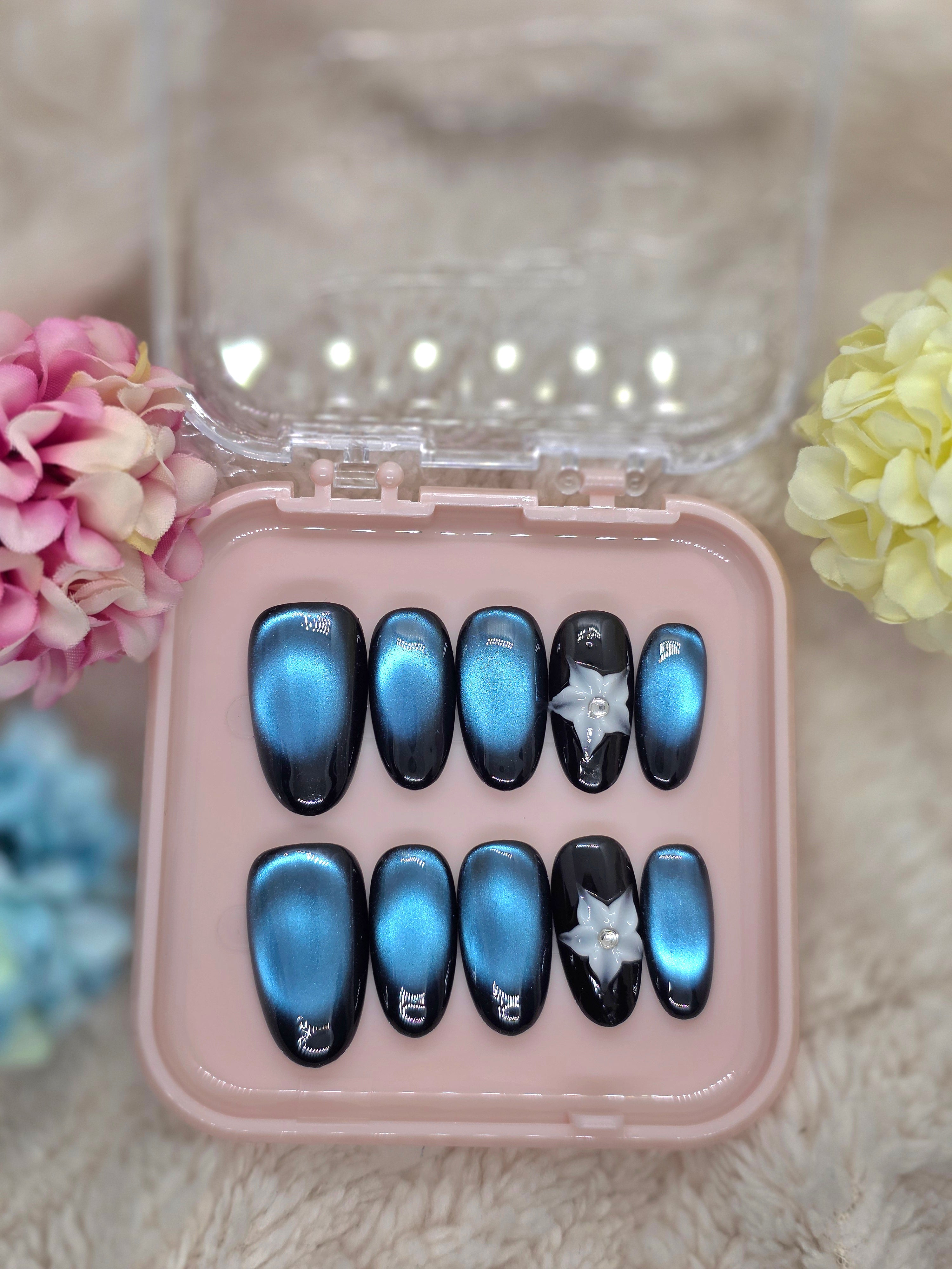 Blue Cat Eye Press On Nails – Icy Night time Shimmer with 3D Star Flower Accent (S/M/L)