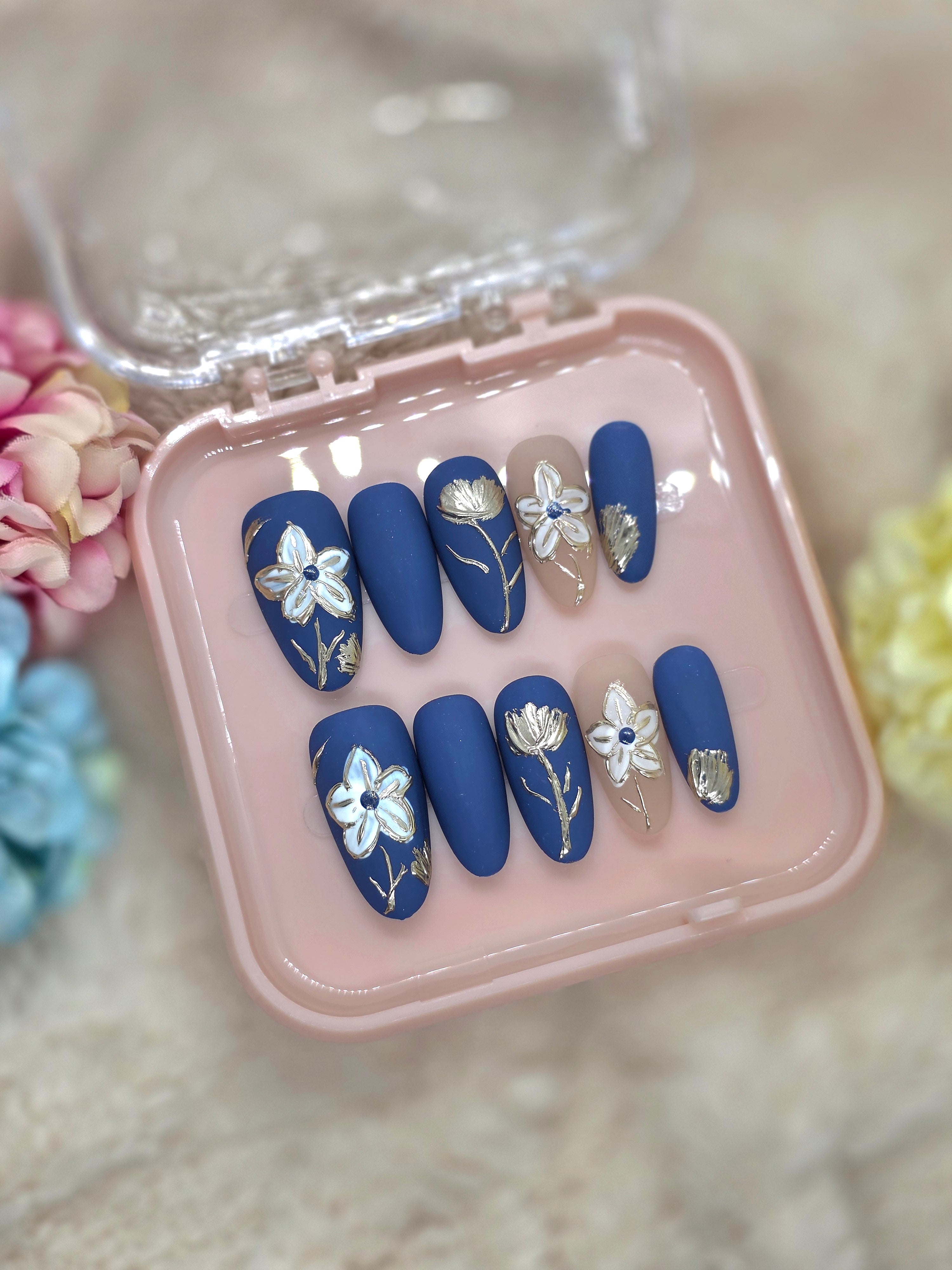 Blue Matte Floral Gel Press-On Nails – Hand-Painted White & Gold Flowers | Elegant Handmade Nail Set
