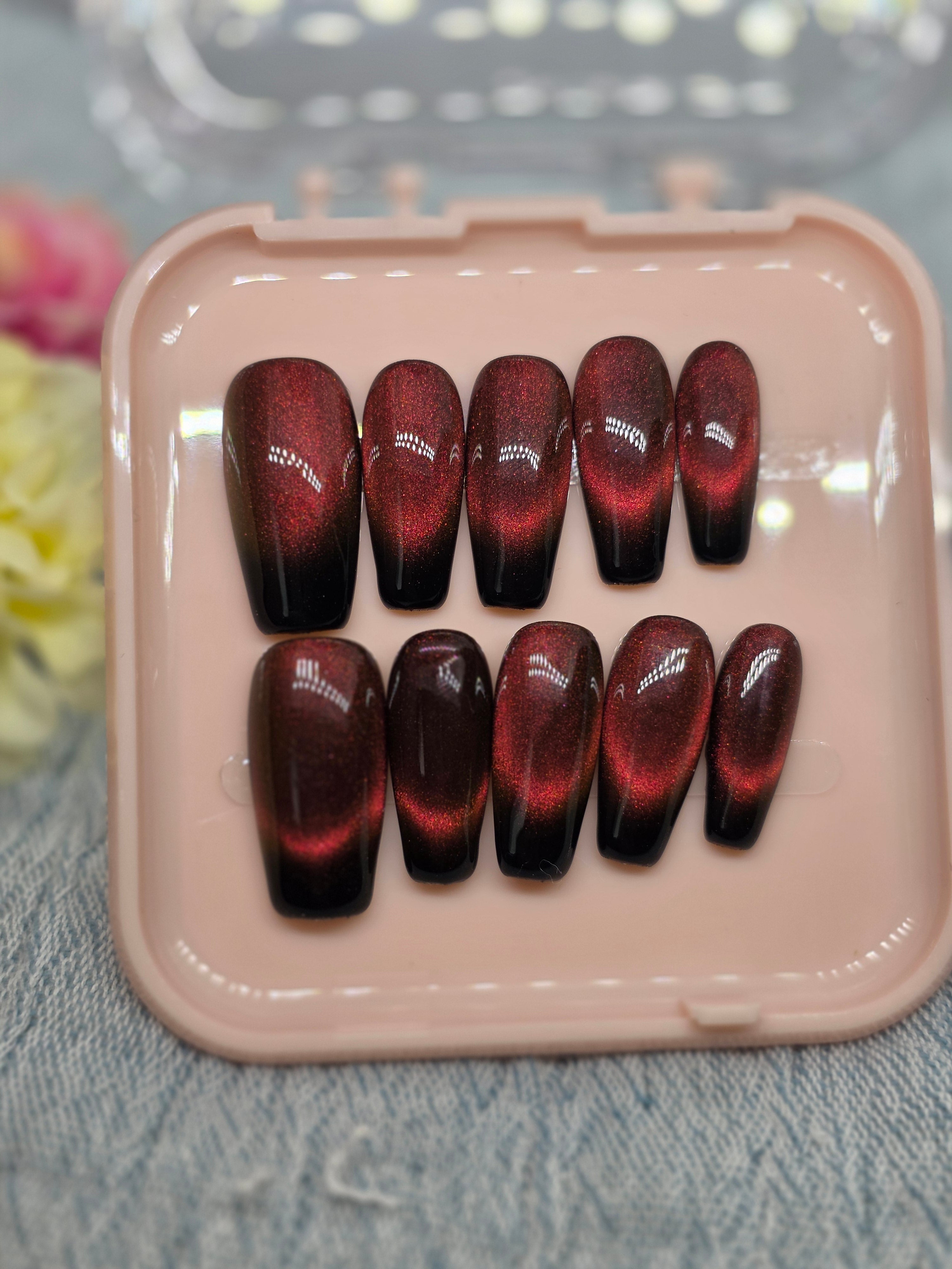 Black Cherry Cat Eye Gel Press-On Nails – Deep Red Magnetic Glow