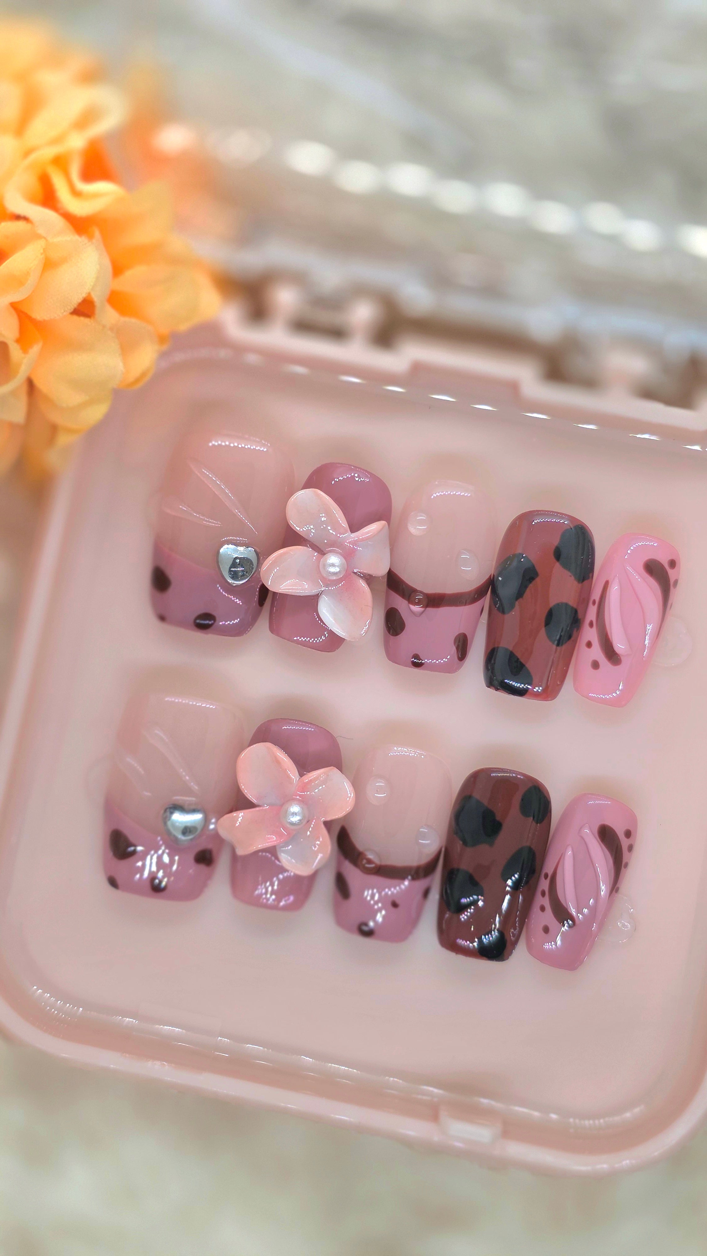 Blush Blossom Cowprint – 3D Floral Pink Press-On Nails