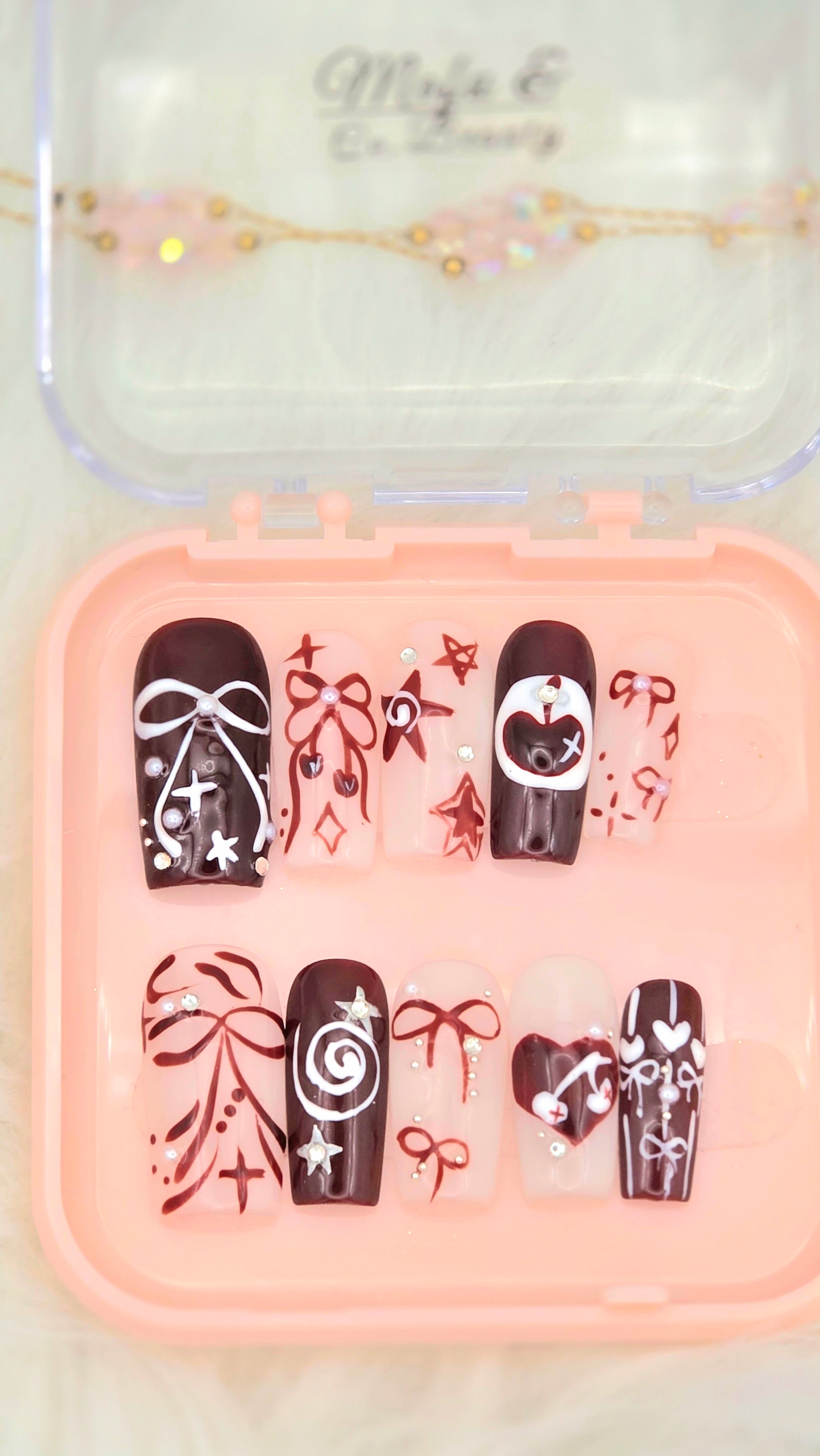 Burgundy Valentine Press On Nails – Mid Length Square Gel Nails in Red, White & Wine Tones with Bow & Heart Art | Prep Kit Included