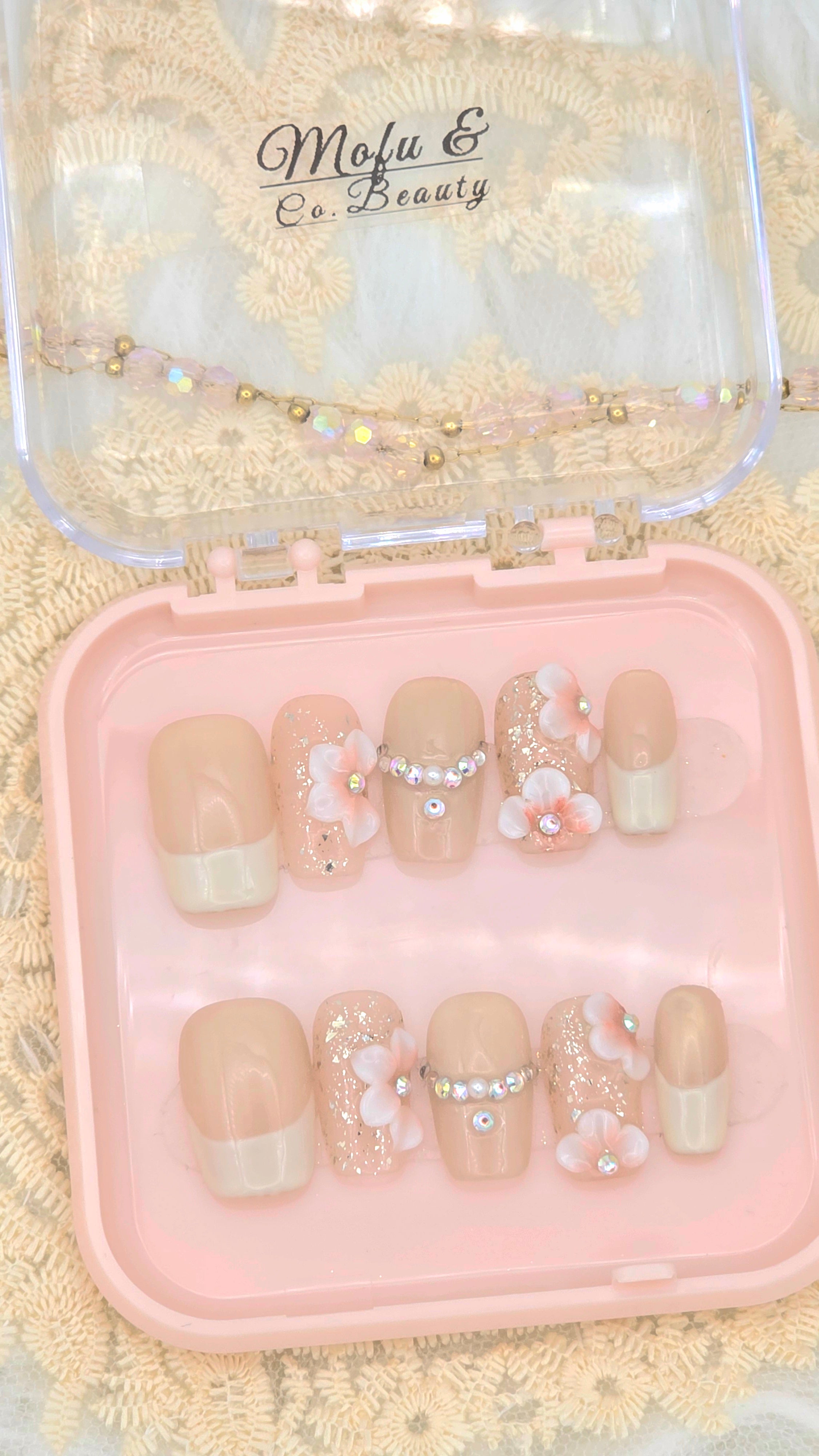 Cat Eye French Tip Press On Nails – Short Square or Short Almond Gel Nails with 3D Flowers & AB Rhinestones