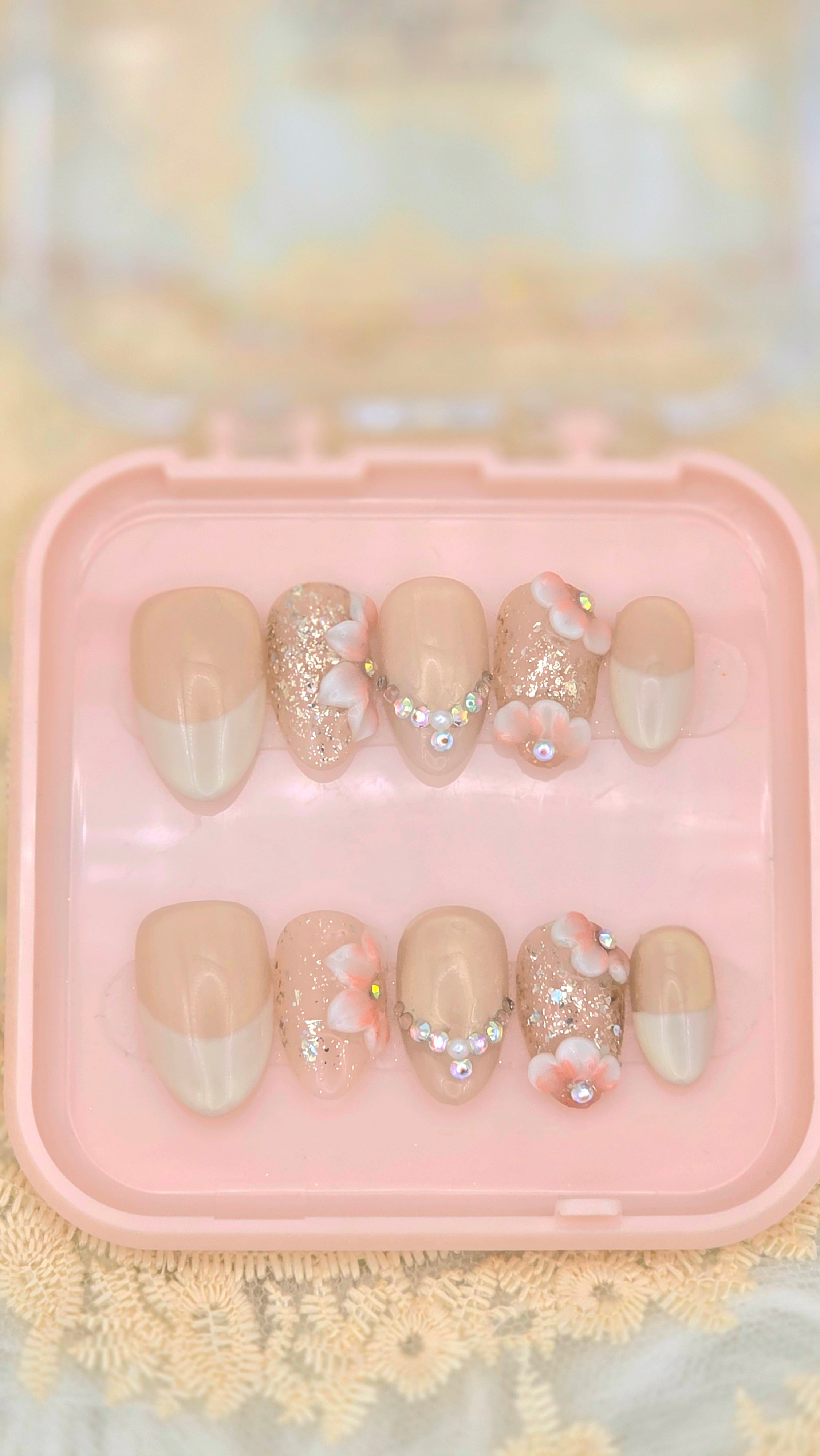Cat Eye French Tip Press On Nails – Short Square or Short Almond Gel Nails with 3D Flowers & AB Rhinestones