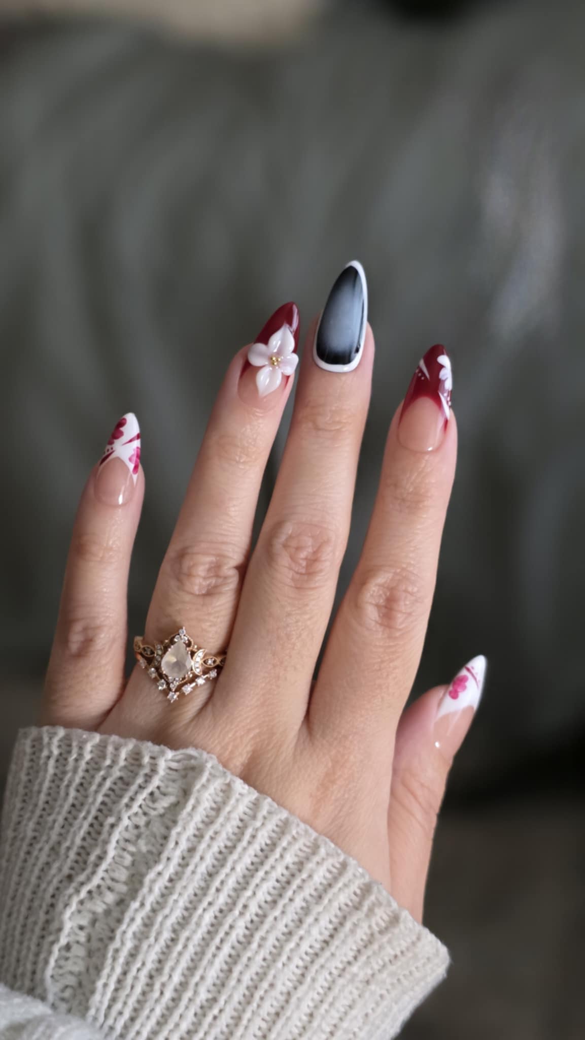 Burgundy Floral Press On Nails – 3D Flower Accent, Cat Eye Middle Nail, Almond Shape Soft Gel Set