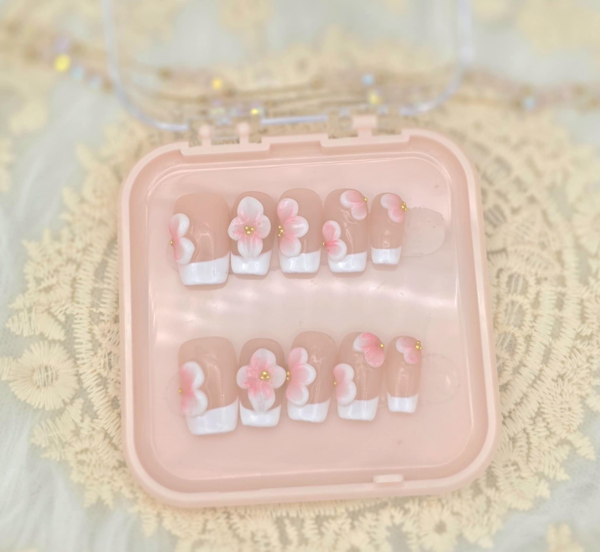 Blush French Flower Press-On Nails – 3D Floral Gel Set (Square or Almond)