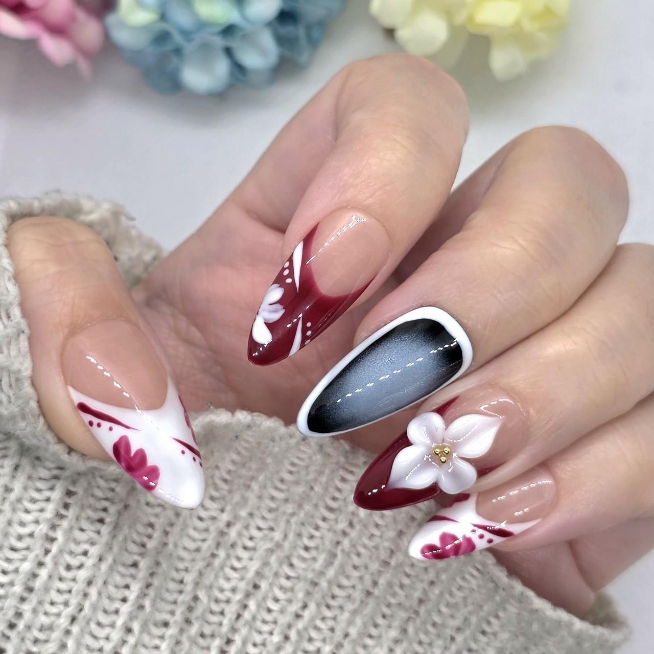 Burgundy Floral Press On Nails – 3D Flower Accent, Cat Eye Middle Nail, Almond Shape Soft Gel Set