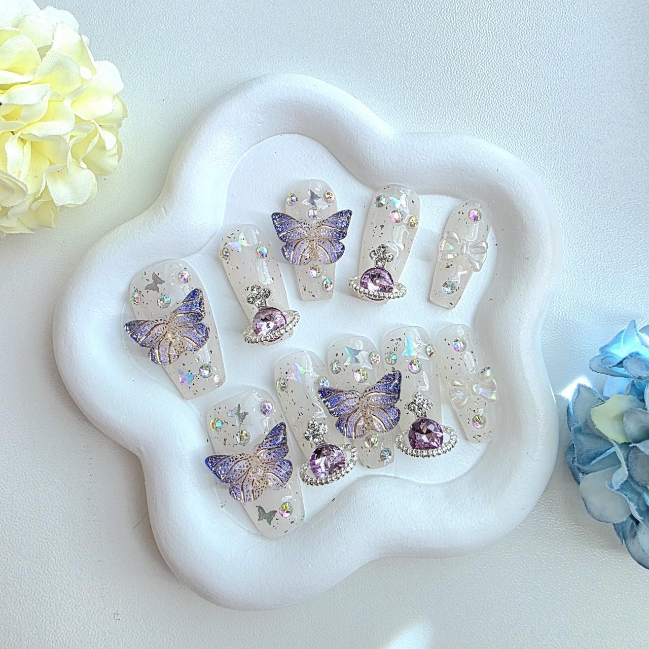 Celestial Fantasy Butterfly Press-On Nails – Mid Length Coffin | Thick Gel Acrylic-Like | 3D Butterfly Charms, Crystal Planet Accents & Holographic Glitter