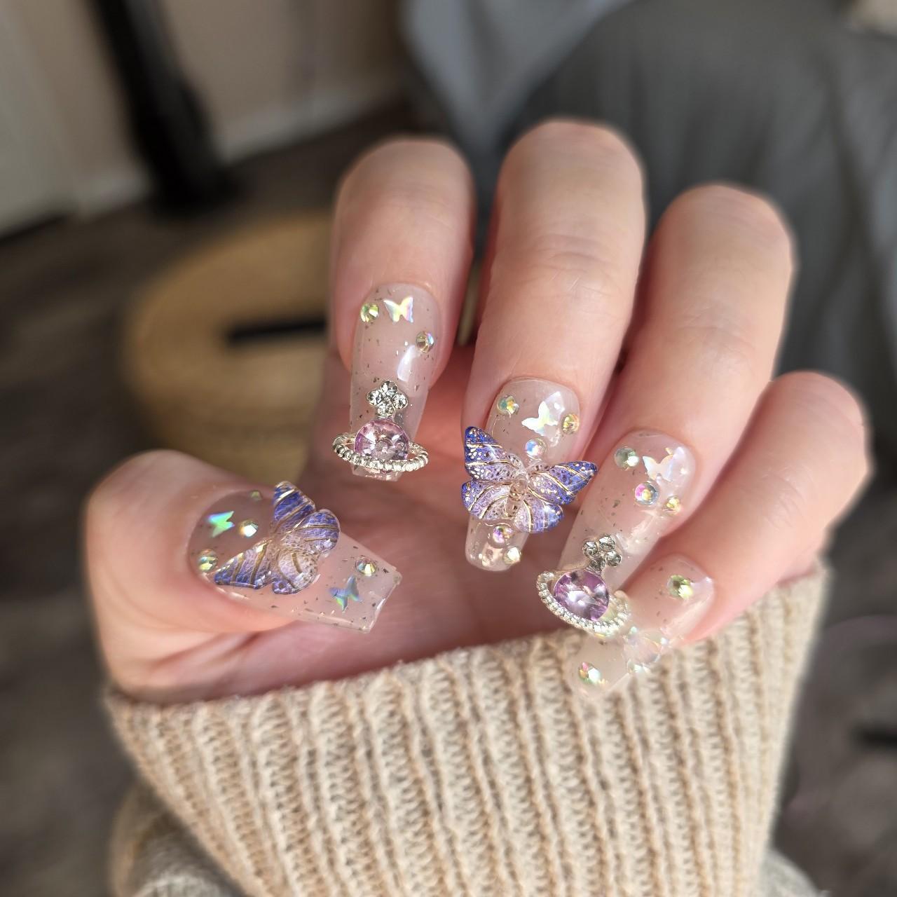 Celestial Fantasy Butterfly Press-On Nails – Mid Length Coffin | Thick Gel Acrylic-Like | 3D Butterfly Charms, Crystal Planet Accents & Holographic Glitter