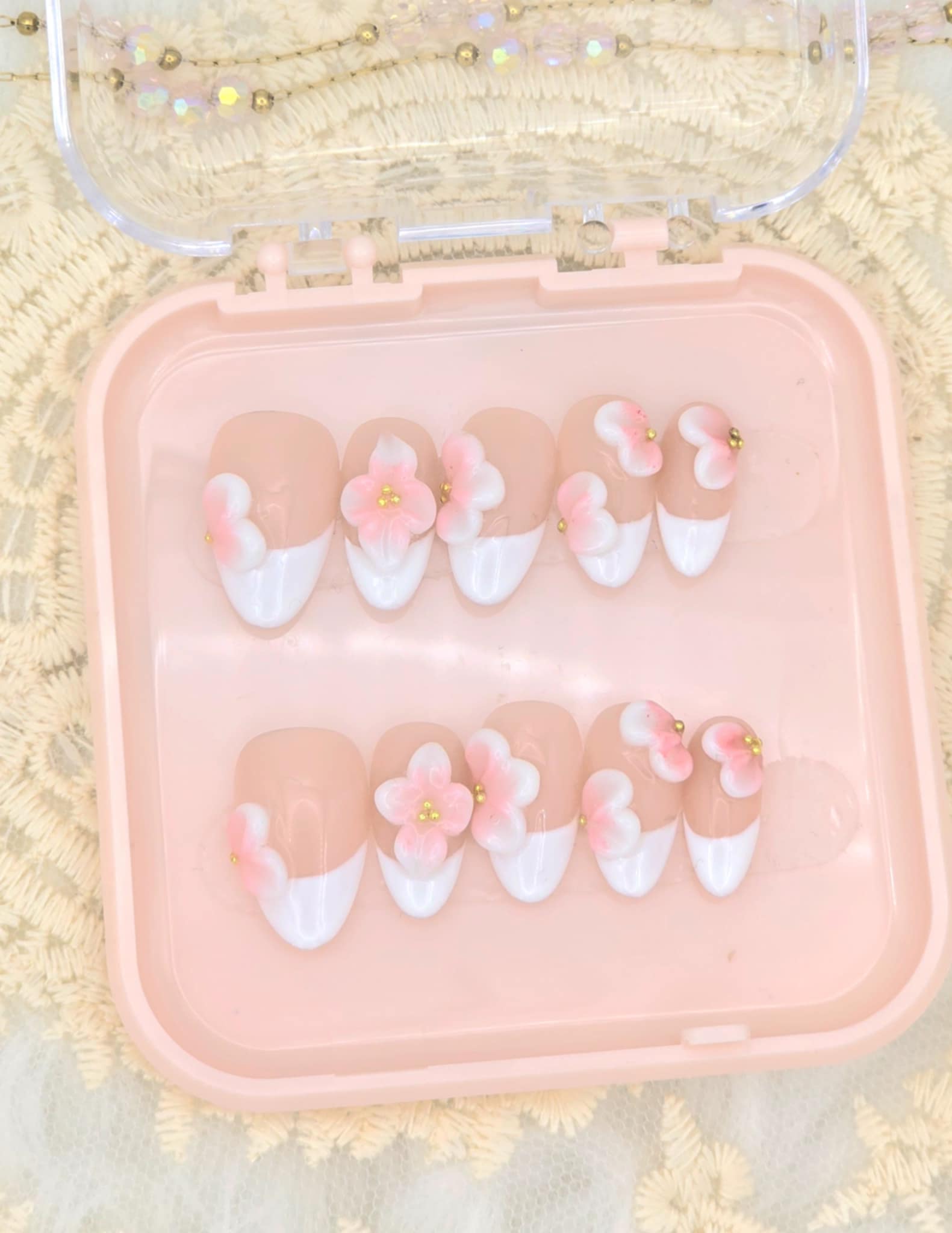 Blush French Flower Press-On Nails – 3D Floral Gel Set (Square or Almond)