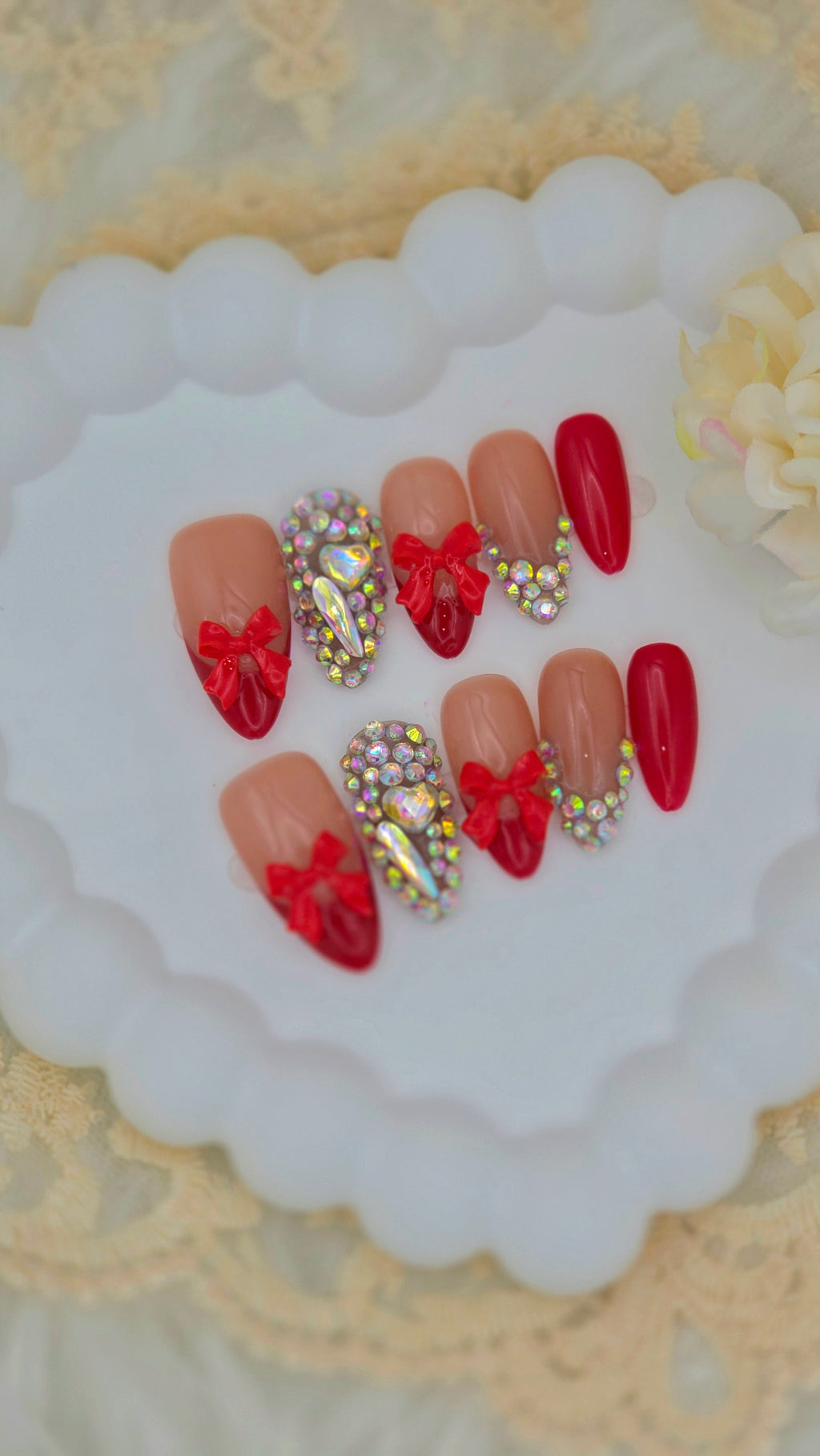 Ruby Bow Luxe Gel Press-On Nails | 3D Bow & Crystal Design