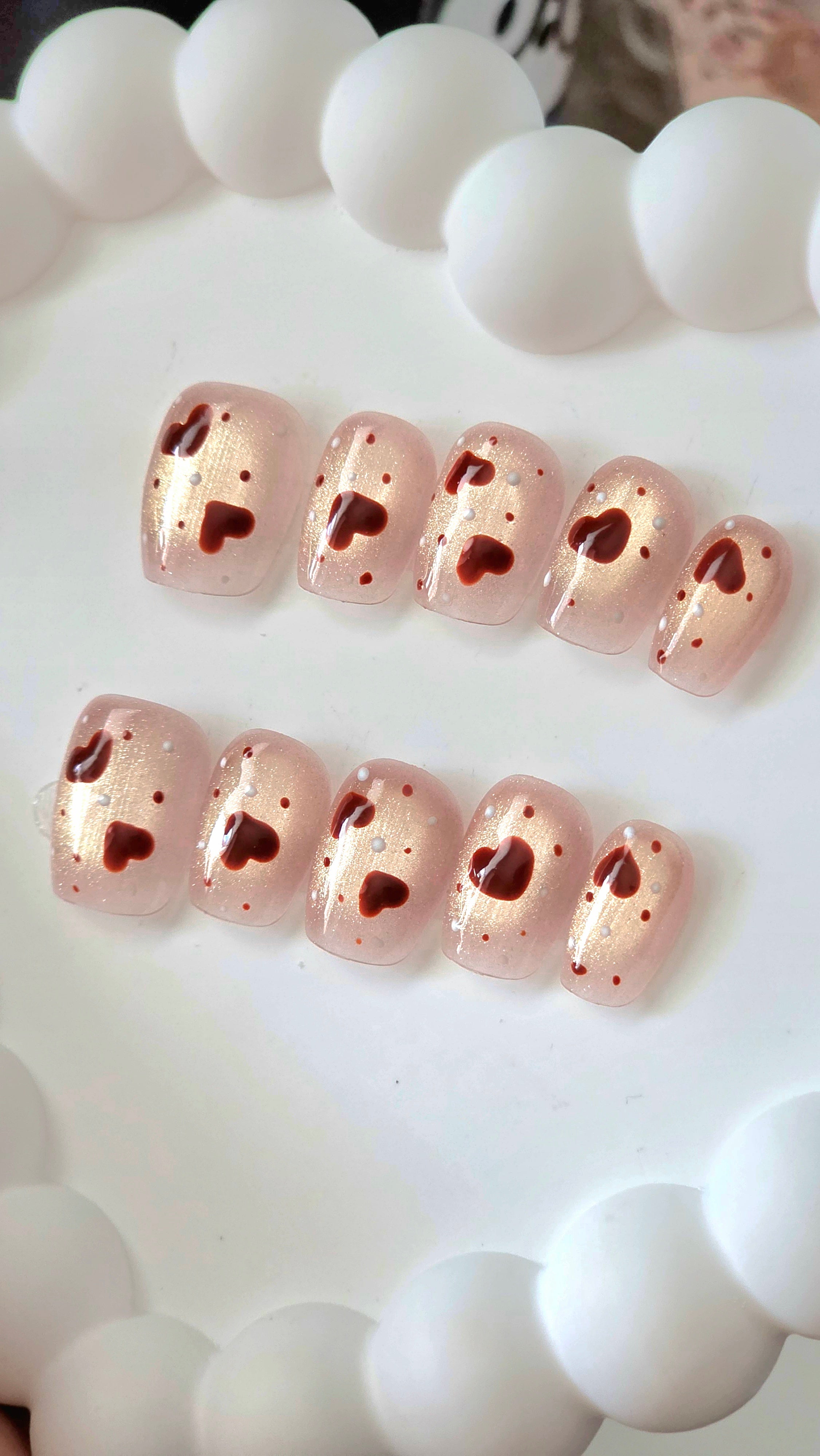 Cat Eye Heart Press On Nails – Short Valentine Gel Nails with Pink Shimmer & Prep Kit | Cute Love Design