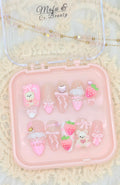 Valentine Strawberry Teddy Bear Press-On Nails – Kawaii Pink Gel Set with 3D Resin Charms (Almond or Coffin)