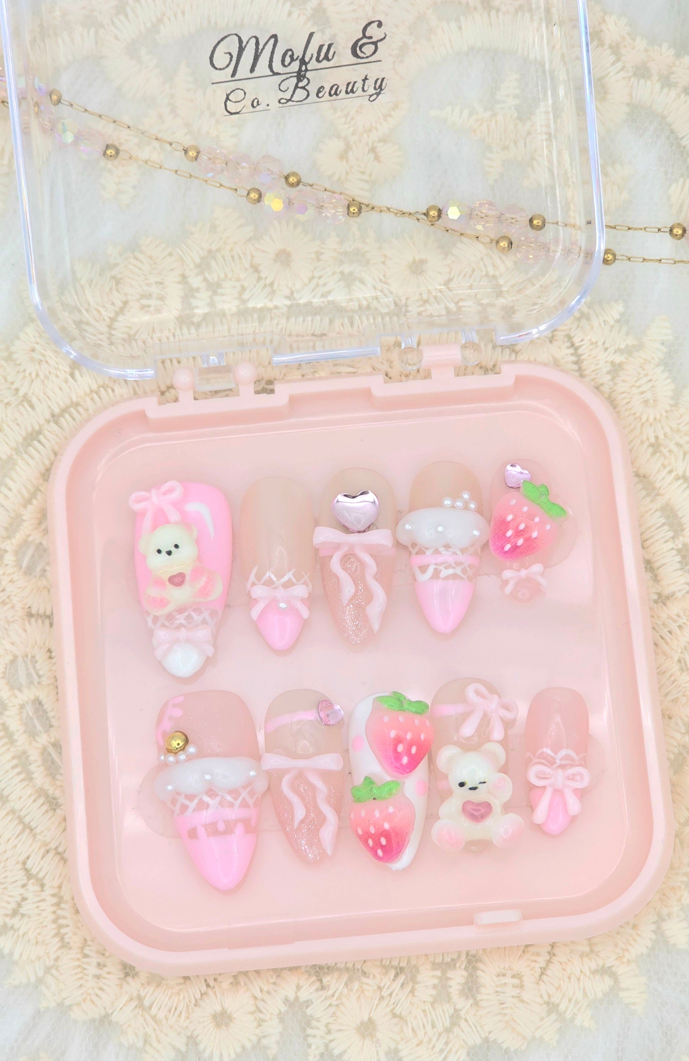 Valentine Strawberry Teddy Bear Press-On Nails – Kawaii Pink Gel Set with 3D Resin Charms (Almond or Coffin)
