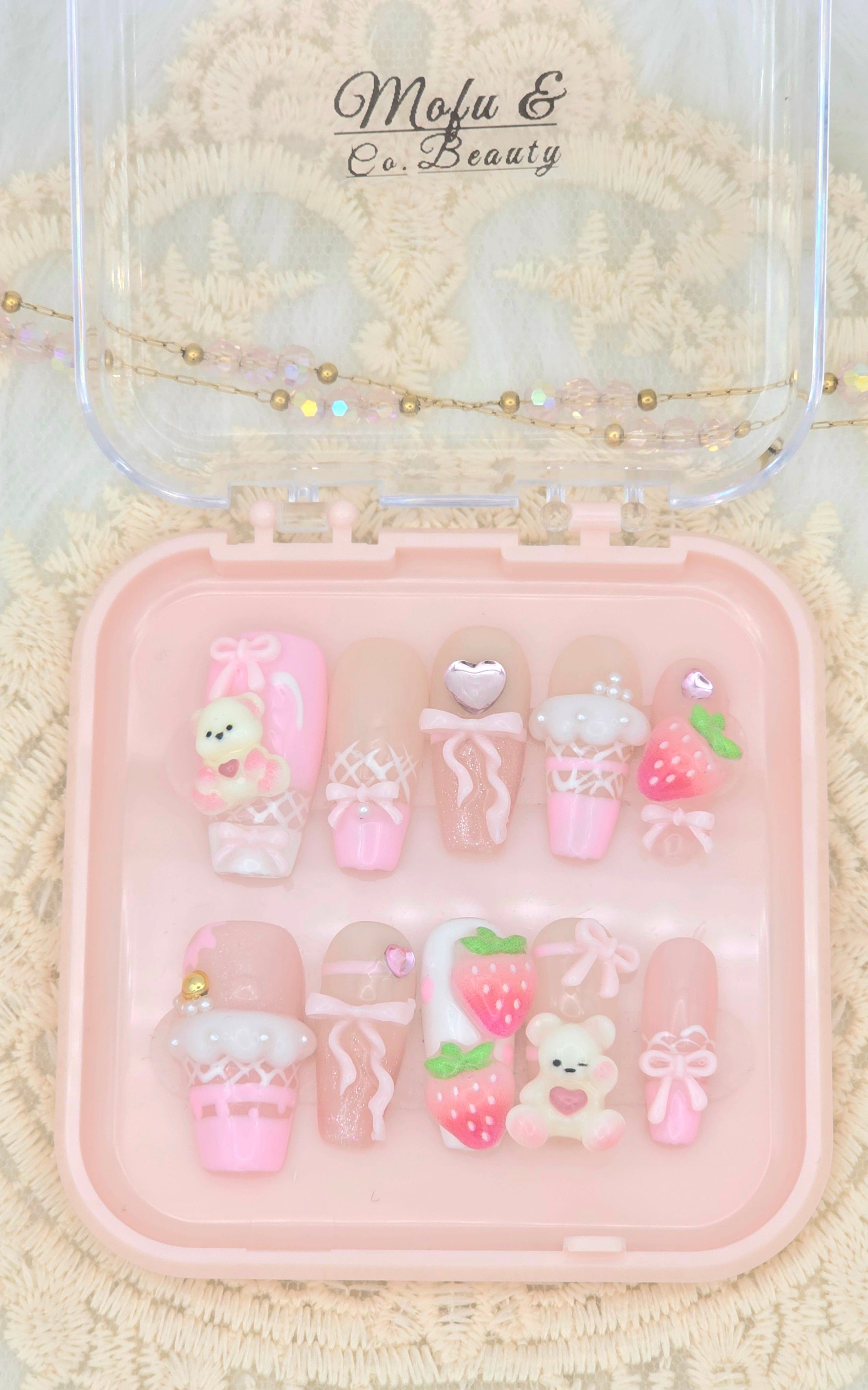 Valentine Strawberry Teddy Bear Press-On Nails – Kawaii Pink Gel Set with 3D Resin Charms (Almond or Coffin)