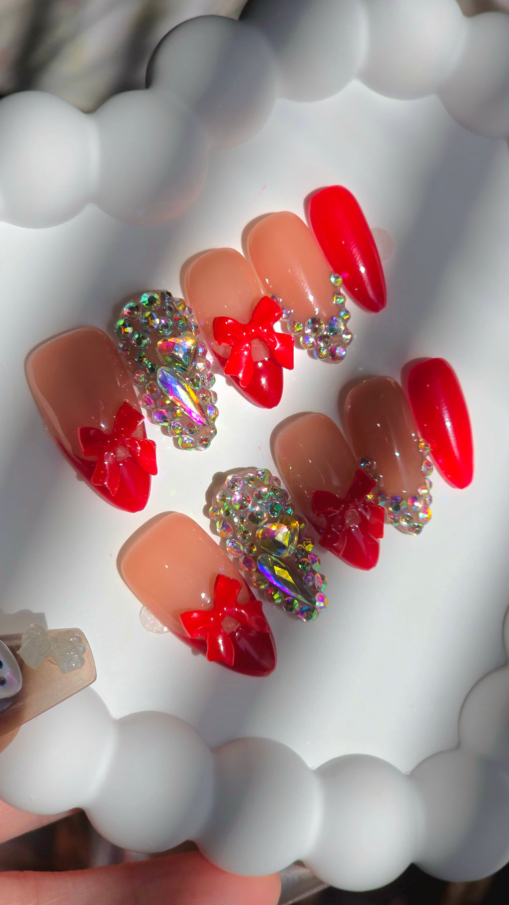 Ruby Bow Luxe Gel Press-On Nails | 3D Bow & Crystal Design